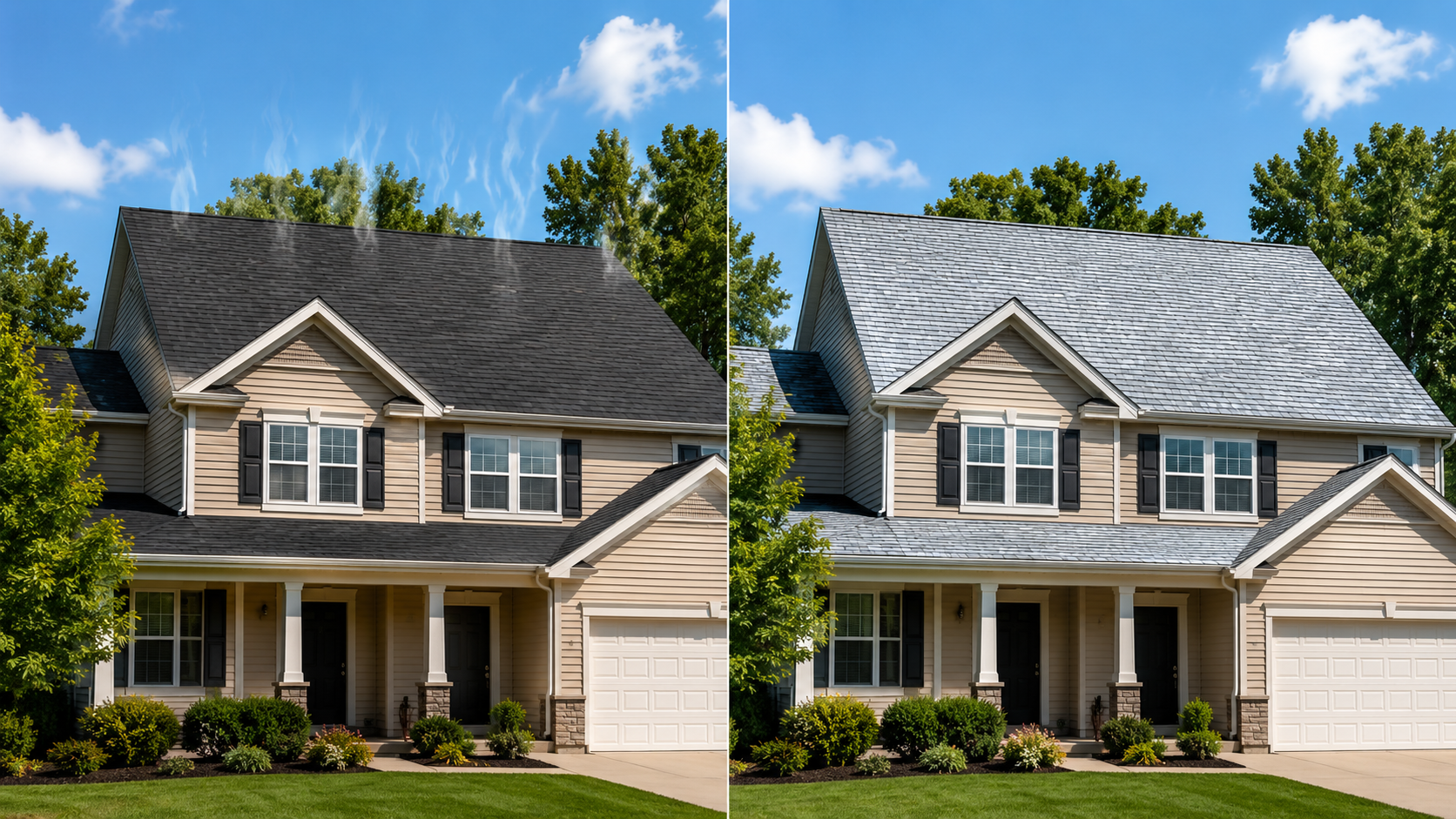 plit comparison image of a two-story beige suburban home under a bright blue sky, showing two different roof types. The left half has a dark asphalt shingle roof with visible heat waves rising from it on a hot sunny day, while the right half shows the same home with lighter cool-colored architectural shingles that appear cleaner and cooler. Mature green trees and a neatly landscaped lawn surround the house.